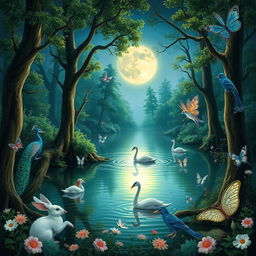 An enchanting forest scene illuminated by gentle moonlight, featuring a serene lake surrounded by lush trees and mystical foliage