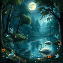 An enchanting forest scene illuminated by gentle moonlight, featuring a serene lake surrounded by lush trees and mystical foliage