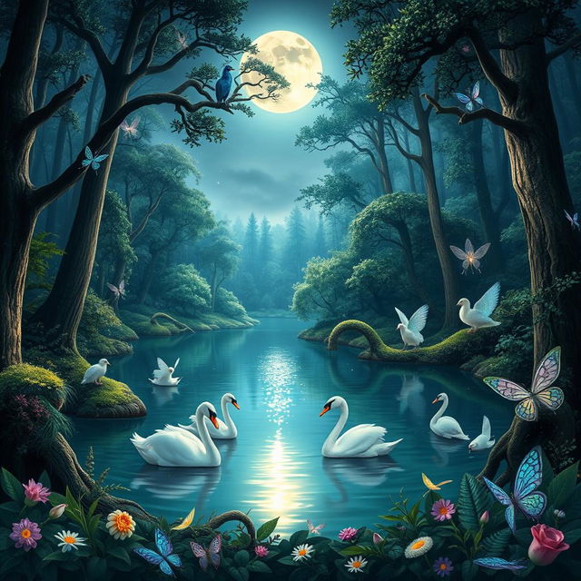 An enchanting forest scene illuminated by gentle moonlight, featuring a serene lake surrounded by lush trees and mystical foliage