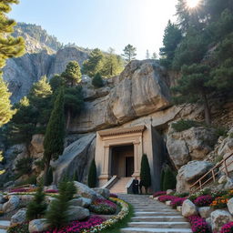 The tomb of an Iranian-Islamic hero, elegantly situated on the slopes of a majestic mountain, carved into a rocky bed within a scenic gorge