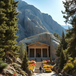 The tomb of an Iranian-Islamic hero, elegantly situated on the slopes of a majestic mountain, carved into a rocky bed within a scenic gorge