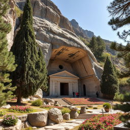 The tomb of an Iranian-Islamic hero, elegantly situated on the slopes of a majestic mountain, carved into a rocky bed within a scenic gorge