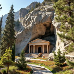 The tomb of an Iranian-Islamic hero, elegantly situated on the slopes of a majestic mountain, carved into a rocky bed within a scenic gorge