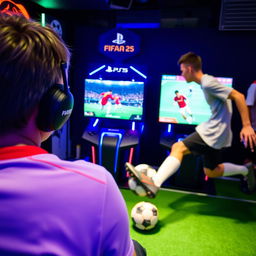 A lively scene in a gamenet showcasing a player intensely focused on playing FIFA 25 on a PlayStation 5, with a vibrant screen displaying iconic soccer stars Messi and Ronaldo during a thrilling match