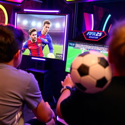 A lively scene in a gamenet showcasing a player intensely focused on playing FIFA 25 on a PlayStation 5, with a vibrant screen displaying iconic soccer stars Messi and Ronaldo during a thrilling match
