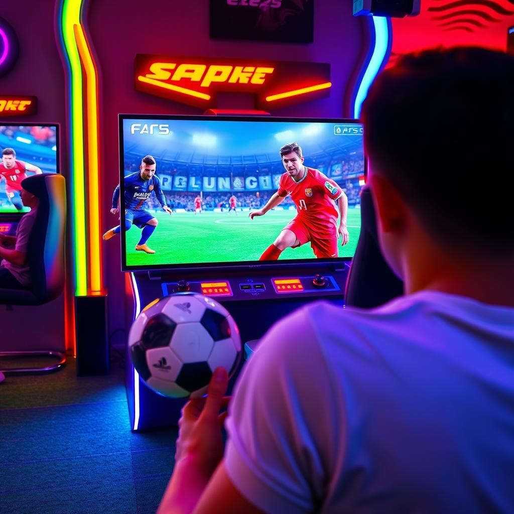 A lively scene in a gamenet showcasing a player intensely focused on playing FIFA 25 on a PlayStation 5, with a vibrant screen displaying iconic soccer stars Messi and Ronaldo during a thrilling match