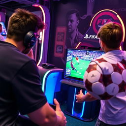 A lively scene in a gamenet showcasing a player intensely focused on playing FIFA 25 on a PlayStation 5, with a vibrant screen displaying iconic soccer stars Messi and Ronaldo during a thrilling match