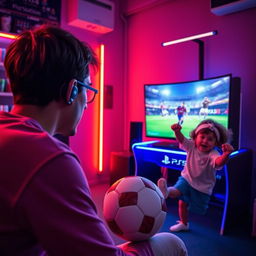 An energetic scene depicting an individual deeply focused on playing FIFA 25 on a PlayStation PS5 in a brightly lit gamenet, with the screen showcasing an exciting match featuring soccer legends Messi and Ronaldo