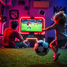 An energetic scene depicting an individual deeply focused on playing FIFA 25 on a PlayStation PS5 in a brightly lit gamenet, with the screen showcasing an exciting match featuring soccer legends Messi and Ronaldo