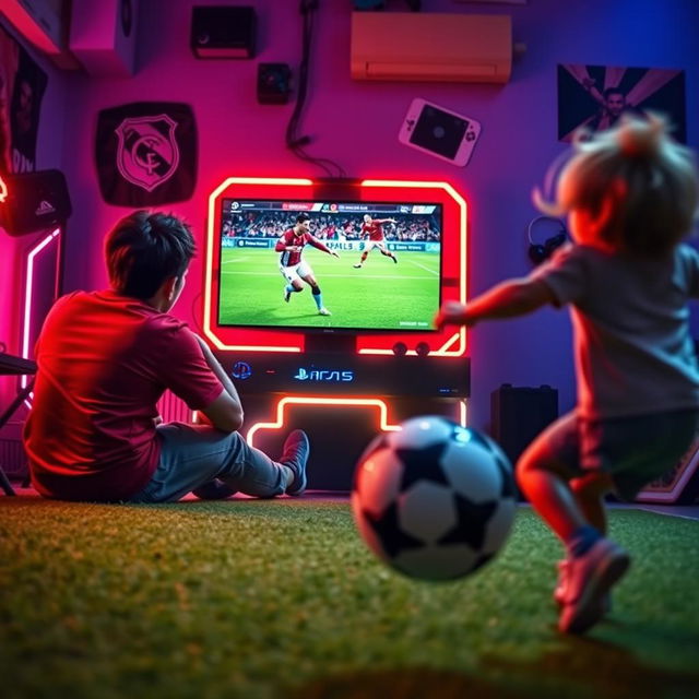 An energetic scene depicting an individual deeply focused on playing FIFA 25 on a PlayStation PS5 in a brightly lit gamenet, with the screen showcasing an exciting match featuring soccer legends Messi and Ronaldo