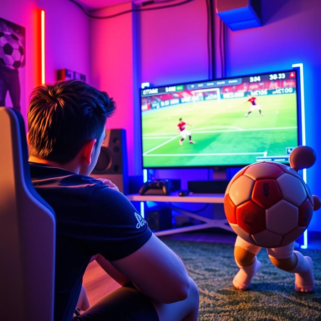 An energetic scene depicting an individual deeply focused on playing FIFA 25 on a PlayStation PS5 in a brightly lit gamenet, with the screen showcasing an exciting match featuring soccer legends Messi and Ronaldo