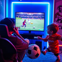 An energetic scene depicting an individual deeply focused on playing FIFA 25 on a PlayStation PS5 in a brightly lit gamenet, with the screen showcasing an exciting match featuring soccer legends Messi and Ronaldo