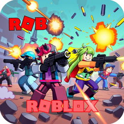 A vibrant and dynamic Roblox gun fighting scene encapsulated in an icon-like format