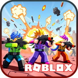 A vibrant and dynamic Roblox gun fighting scene encapsulated in an icon-like format