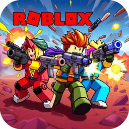A vibrant and dynamic Roblox gun fighting scene encapsulated in an icon-like format