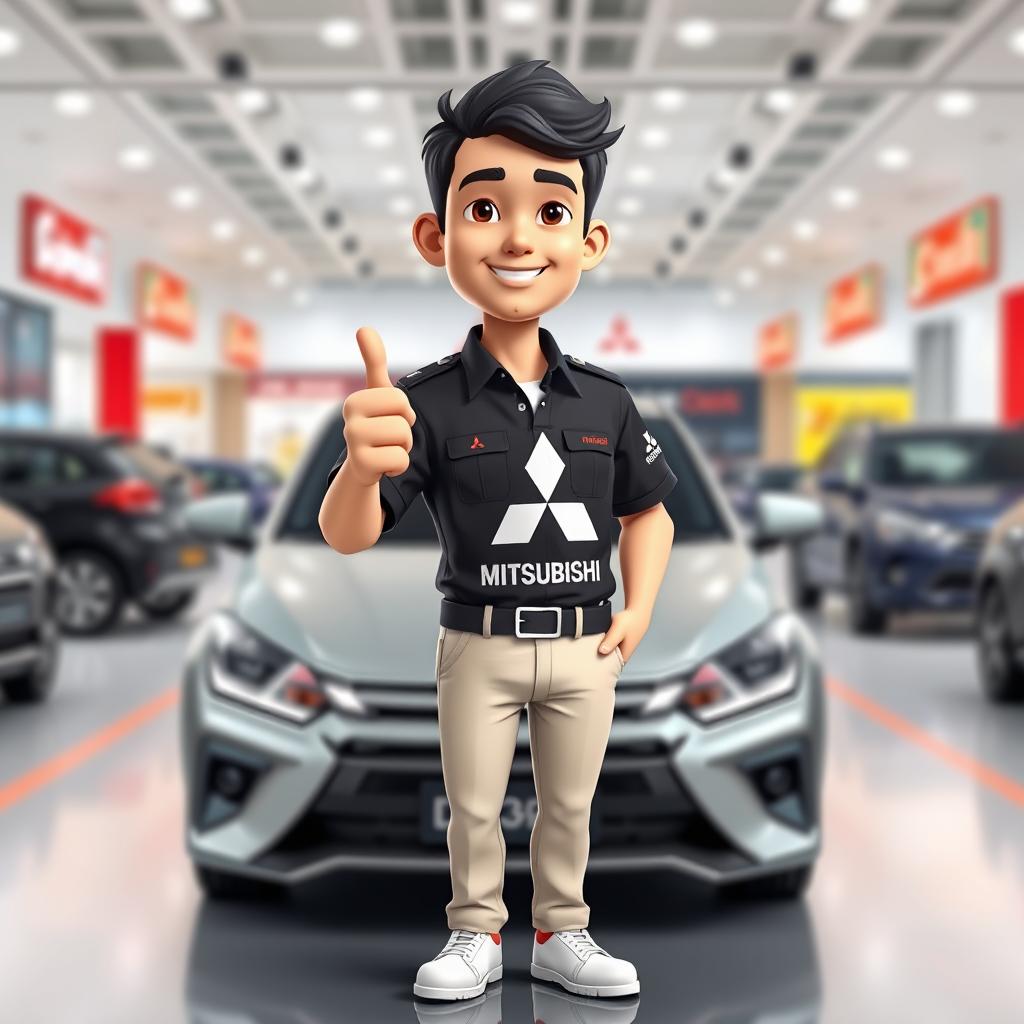 A 3D cartoon image of a 31-year-old male Mitsubishi sales marketing representative