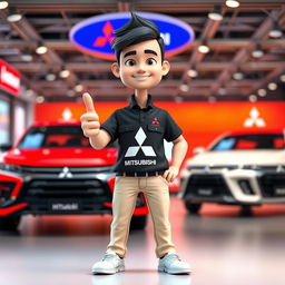 A 3D cartoon image of a 31-year-old male Mitsubishi sales marketing representative
