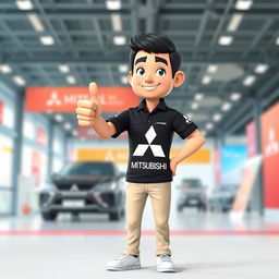 A 3D cartoon image of a 31-year-old male Mitsubishi sales marketing representative