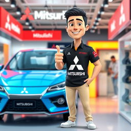A 3D cartoon image of a 31-year-old male Mitsubishi sales marketing representative