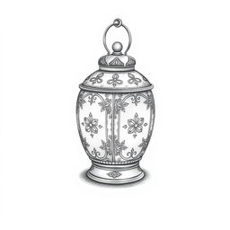 A detailed black-and-white pencil drawing of an ornate lantern, featuring intricate designs and patterns on its surface
