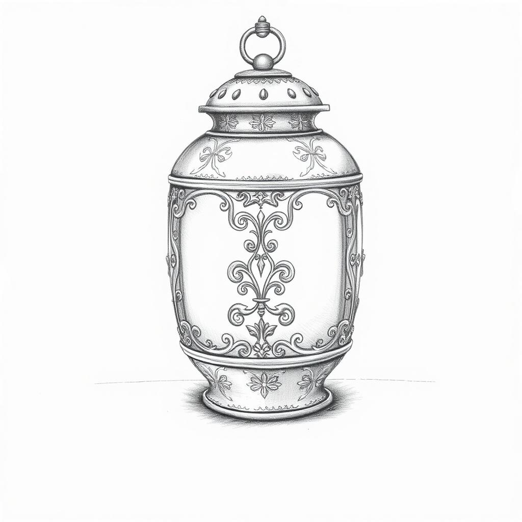 A detailed black-and-white pencil drawing of an ornate lantern, featuring intricate designs and patterns on its surface
