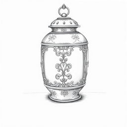A detailed black-and-white pencil drawing of an ornate lantern, featuring intricate designs and patterns on its surface