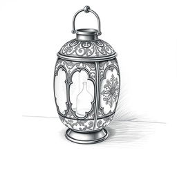 A detailed black-and-white pencil drawing of an ornate lantern, featuring intricate designs and patterns on its surface