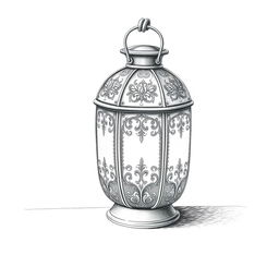 A detailed black-and-white pencil drawing of an ornate lantern, featuring intricate designs and patterns on its surface