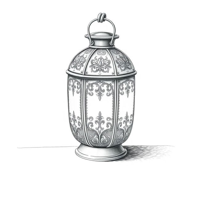 A detailed black-and-white pencil drawing of an ornate lantern, featuring intricate designs and patterns on its surface