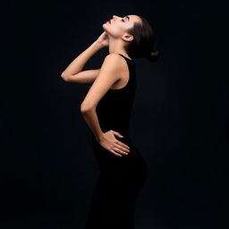 A woman standing in a side profile against a dark gray background, wearing a sleek, sleeveless black tight dress