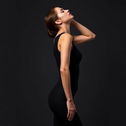 A woman standing in a side profile against a dark gray background, wearing a sleek, sleeveless black tight dress