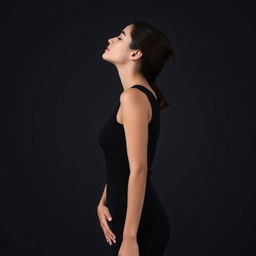 A woman standing in a side profile against a dark gray background, wearing a sleek, sleeveless black tight dress