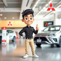 A 3D cartoon image of a 31-year-old male Mitsubishi sales marketing representative
