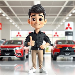 A 3D cartoon image of a 31-year-old male Mitsubishi sales marketing representative
