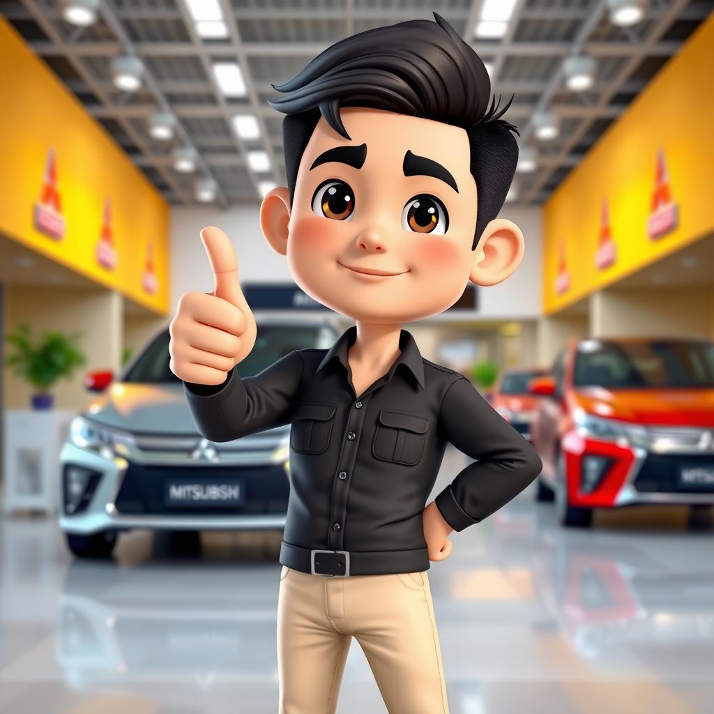 A 3D cartoon image of a 31-year-old male Mitsubishi sales marketing representative