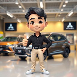 A 3D cartoon image of a 31-year-old male Mitsubishi sales marketing representative
