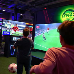 An engaging scene where one individual is playing FIFA 25 on a PlayStation 5 console within a bustling gamenet, vividly displayed on a large screen showcasing exciting virtual soccer action