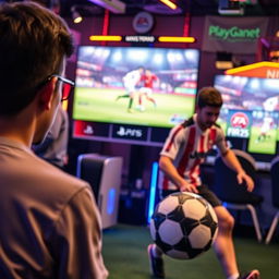 An engaging scene where one individual is playing FIFA 25 on a PlayStation 5 console within a bustling gamenet, vividly displayed on a large screen showcasing exciting virtual soccer action