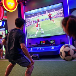 An engaging scene where one individual is playing FIFA 25 on a PlayStation 5 console within a bustling gamenet, vividly displayed on a large screen showcasing exciting virtual soccer action