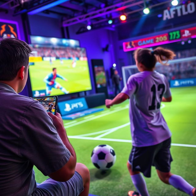 An engaging scene where one individual is playing FIFA 25 on a PlayStation 5 console within a bustling gamenet, vividly displayed on a large screen showcasing exciting virtual soccer action