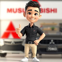A 3D cartoon image of a 31-year-old male Mitsubishi sales marketer