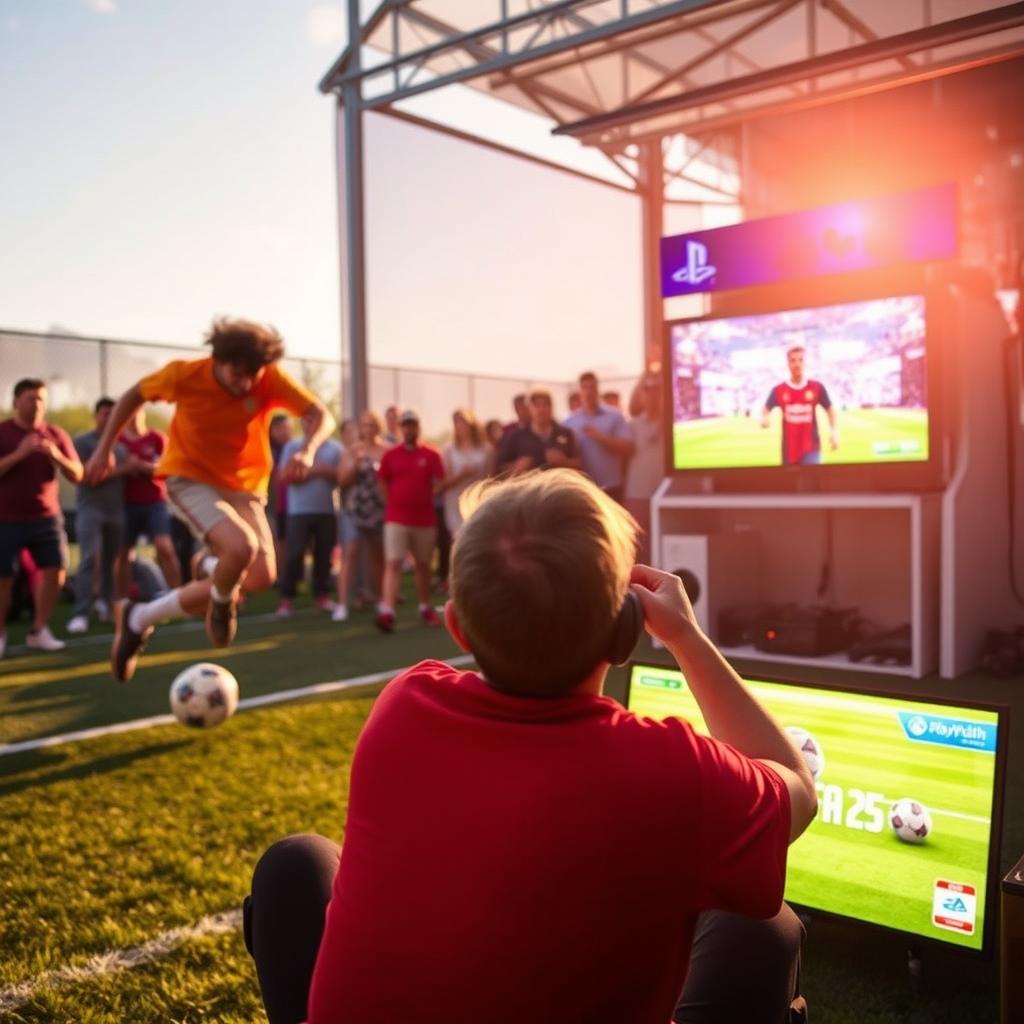 An energetic scene where one person is playing football with a soccer ball on a sunny outdoor field, showcasing dynamic movement and passion for the sport