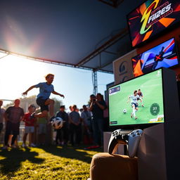 An energetic scene where one person is playing football with a soccer ball on a sunny outdoor field, showcasing dynamic movement and passion for the sport