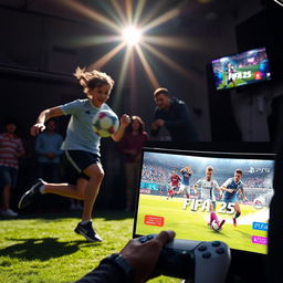 An energetic scene where one person is playing football with a soccer ball on a sunny outdoor field, showcasing dynamic movement and passion for the sport