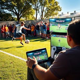 An energetic scene where one person is playing football with a soccer ball on a sunny outdoor field, showcasing dynamic movement and passion for the sport