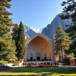 An Iranian-Islamic arched tomb set in a breathtaking mountainous region