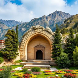 An Iranian-Islamic arched tomb set in a breathtaking mountainous region