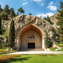 An Iranian-Islamic arched tomb set in a breathtaking mountainous region