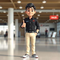 A 3D cartoon image of a 31-year-old male Mitsubishi sales marketing representative with short black hair, standing confidently with his thumb up