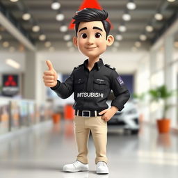 A 3D cartoon image of a 31-year-old male Mitsubishi sales marketing representative with short black hair, standing confidently with his thumb up